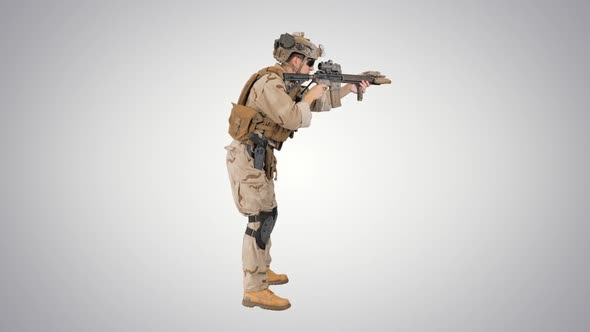 Soldier Aiming and Shooting Automatic Rifle on Gradient Background