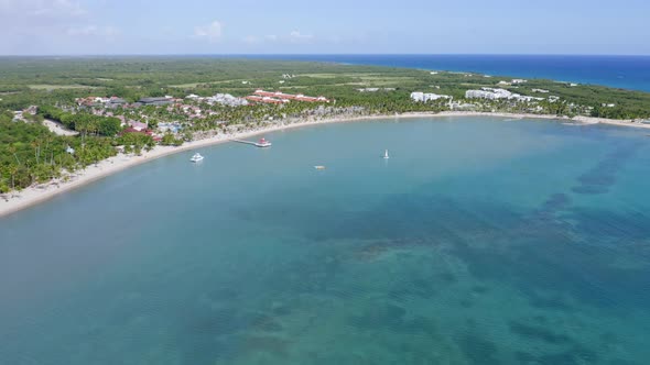 High altitude view over Caribbean showing the reef, tropical beach; Playa Nueva