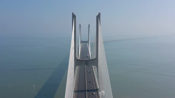 Lisbon Portugal Aerial View of the Vasco Da Gama Bridge on a Foggy Beautiful Morning During Car