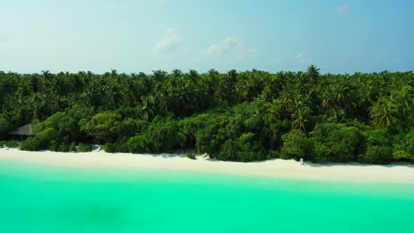 Aerial drone shot texture of relaxing bay beach voyage by blue sea and white sand background of a da