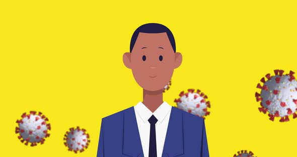 Businessman icon wearing face mask over Covid-19 cells against yellow background alt