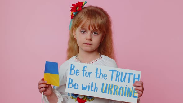 Upset Toddler Ukrainian Girl Protesting War Conflict Raises Inscription Massage Hands Off Ukraine