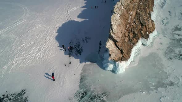 Aerial View on the Rocky Ice Covered Island in Lake Baikal