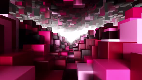 Abstract Geometric Tunnel Made of Red Cubes with Random Movement. Seamless Loop 3d Render