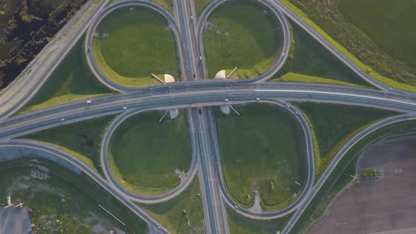Summer Aerial Footage of Transport Junction, Traffic Cross Road Junction Day View From Above