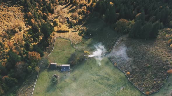 Fire Smoke at Cottage in Forest Top Down Aerial