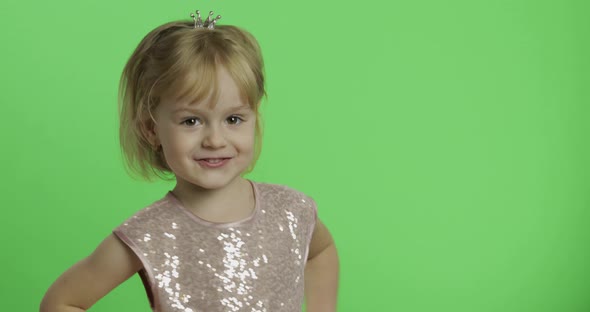 Girl in Glossy Dress Dancing. Happy Four Years Old Child. Chroma Key