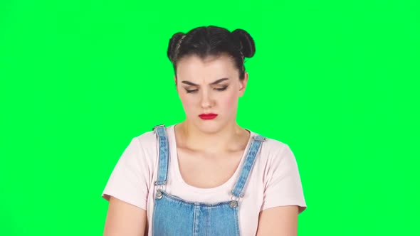 Cute Female Feels Bad, Her Stomach Hurts, Feeling Nausea on Green Screen at Studio, Slow Motion