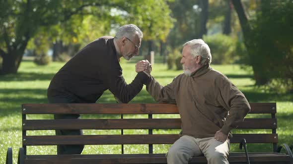 Senior Grey-Haired Male Starting Arm Wrestling Competition in Park, Friendship