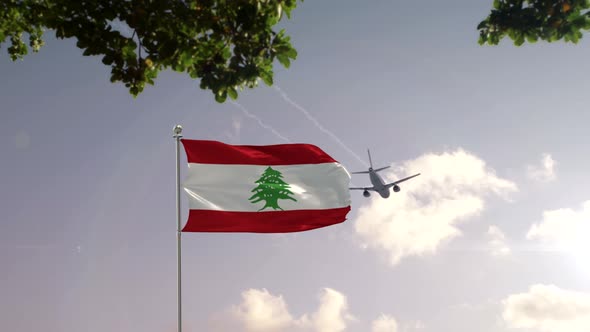Lebanon Flag With Airplane And City -3D rendering