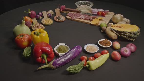 Cooking Equipment Preparation On A Black Table.