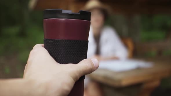 Hiking Cup Of Tea The Hand Passes The Girl To The Hands Of A Thermos Of Tea, Tea Outdoor Recreation