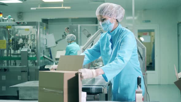 Asian Ethnicity Women Pack Capsules Into Boxes in Medical Laboratory