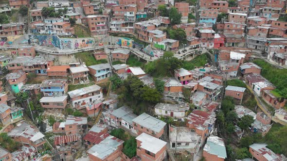 Ghetto Slum Comuna 13 Medellin Colombia - aerial pullback