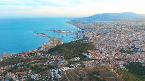 Aerial View of Malaga Costa Del Sol with the Sea and Mountains Surrounding It