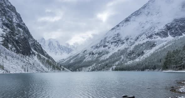 Snow Mountain Lake Timelapse at the Autumn Time. Wild Nature and Rural Mount Valley. Green Forest of