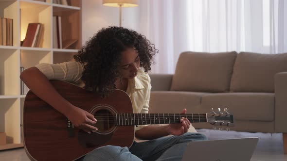 Guitar Learning Music Class Woman Practicing Home