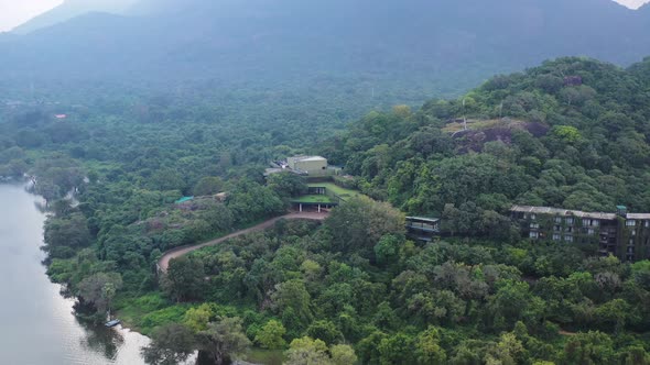 Aerial view of Sigiriya, a big lagoon with jungle in Sri Lanka