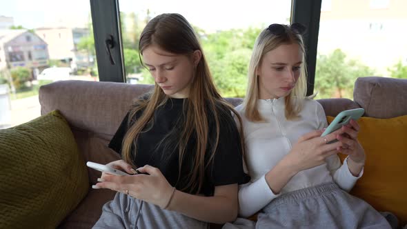 Relaxed two young girls using smartphone surfing social media sitting on sofa