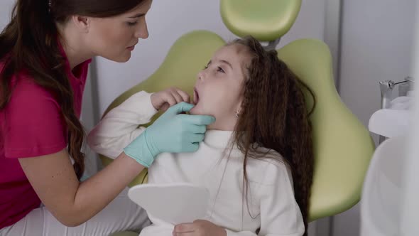 Dentist Teeth of Cute Child Girl with Dental Mirror in Chair at Pediatric Clinic