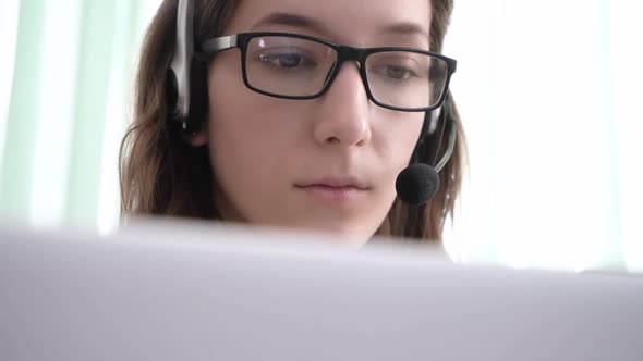 Closeup Girl Call Center Operator Sells Services