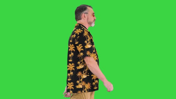 Energetic Elderly Tourist Man Walking on a Green Screen Chroma Key