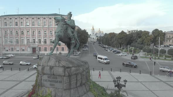 Monument To Bogdan Khmelnitsky in Kyiv, Ukraine. Aerial View