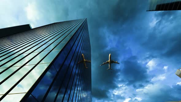 The Plane Flies Over The Buildings