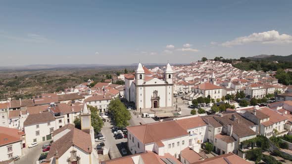 Castelo de Vide village and Santa Maria da Devesa church, Portugal. Aerial panoramic view