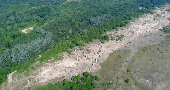 Aerial video of Stone Forest near Varna, Bulgaria, Pobiti kamani, rock phenomenon