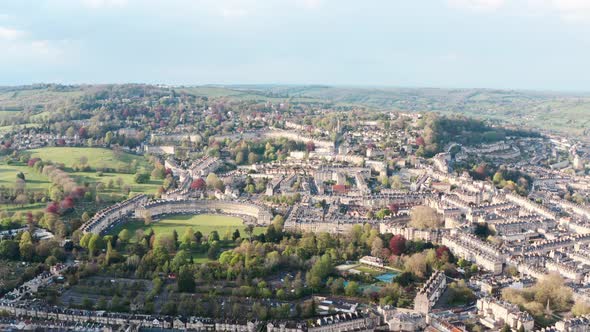 Drone shot over old buildings the circus royal crescent in Bath UK