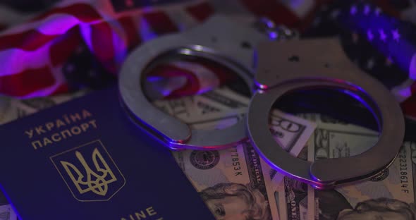 Criminal Corruption Handcuffs Money Dollar Bills of Light Flasher Police in Passport Ukraine