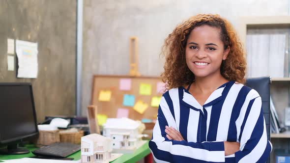 Portrait happy Asian  business woman smiling enjoying successful