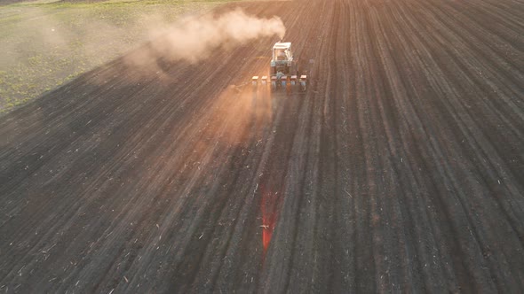 Aerial View of Farmer with Old Tractor Seeding Sowing Crops at Agricultural Fields