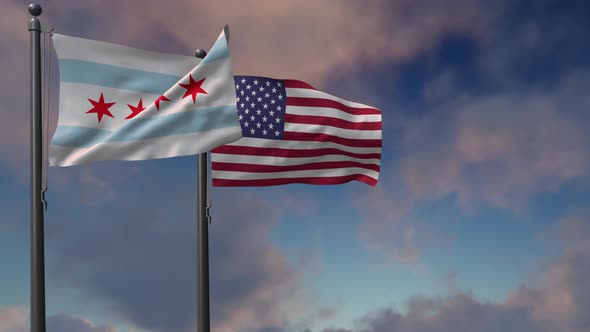 Chicago City Flag Waving Along With The National Flag Of The USA - 4K