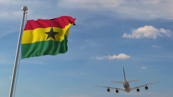 Commercial Airplane Flying Over National Flag of Ghana