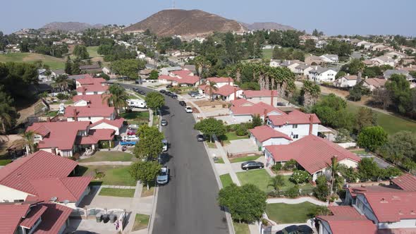 Aerial View of Street with Southern California Houses in Corona Town