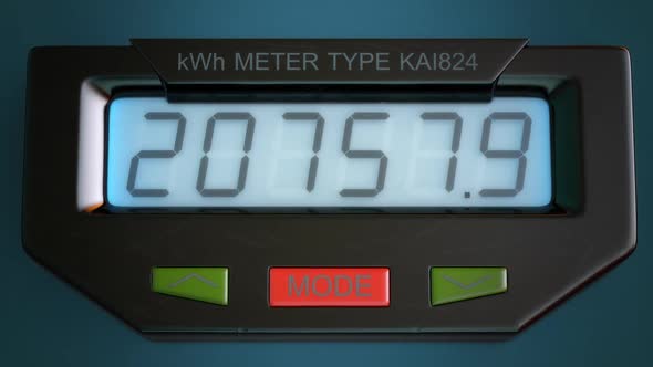 Digital electricity meter showing household consumption in kilowatt hours.