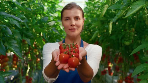 Woman Plantation Worker Showing Vegetables in Countryside Farmland Portrait