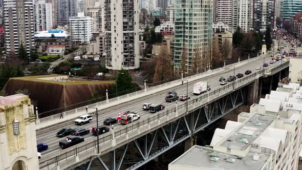 Heavy Traffic During The Convoy Of Protest Rally At Burrard Bridge In Vancouver, Canada. Aerial Dron