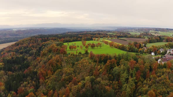 Aerial pullback shot of a fresh green meadow at a hill behind a autumn colored forest
