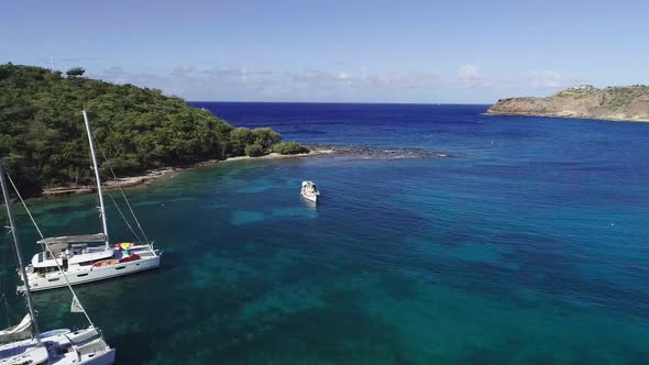 Aerial Drone Footage Luxurious Sailboats Catamarans in Caribbean Ocean Harbor