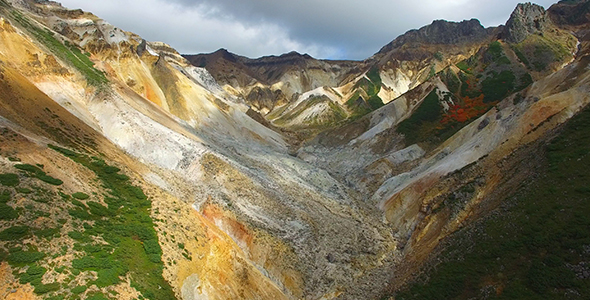 Aerial: Hokkaido Tokachidake Mountain Range, Japanese National Park 