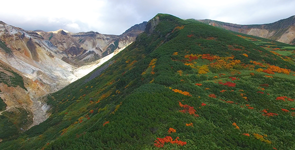 Aerial: Hokkaido Tokachidake Mountain Range, Low Pass, Japanese National Park 