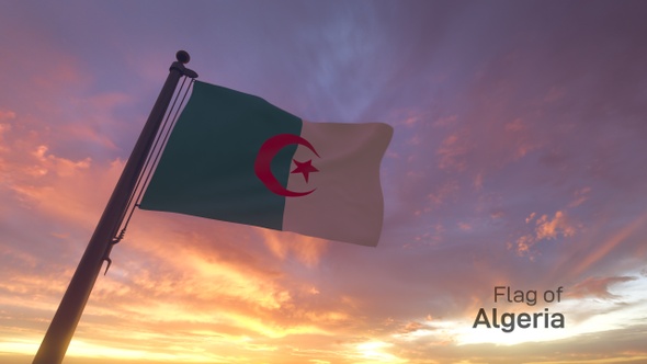 Algeria Flag on a Pole with Sunset / Sunrise Sky Background
