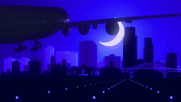 Corpus Christi Texas USA Airplane Landing Skyline Moonlight Night