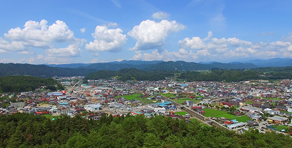 Aerial: City within the Mountains, Takayama, Japan 