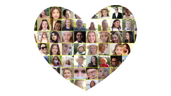 Heart shaped collage. Multiscreen on smiling multiethnic people. Joy, serenity, happiness.