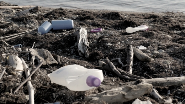 Dump Garbage On The Beach Near The Sea