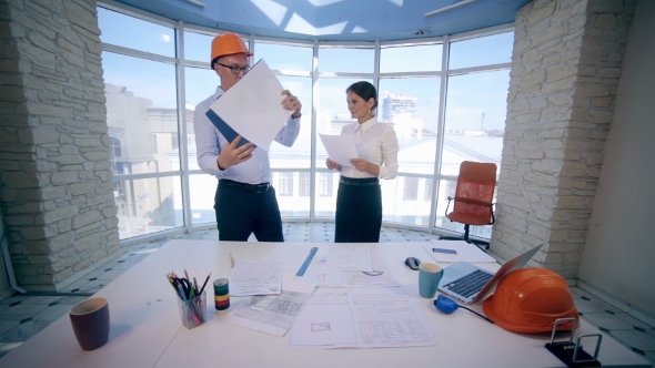 Business, Architecture And Office Concept. Two Smiling Businessmen, Architects, Constructors Man And
